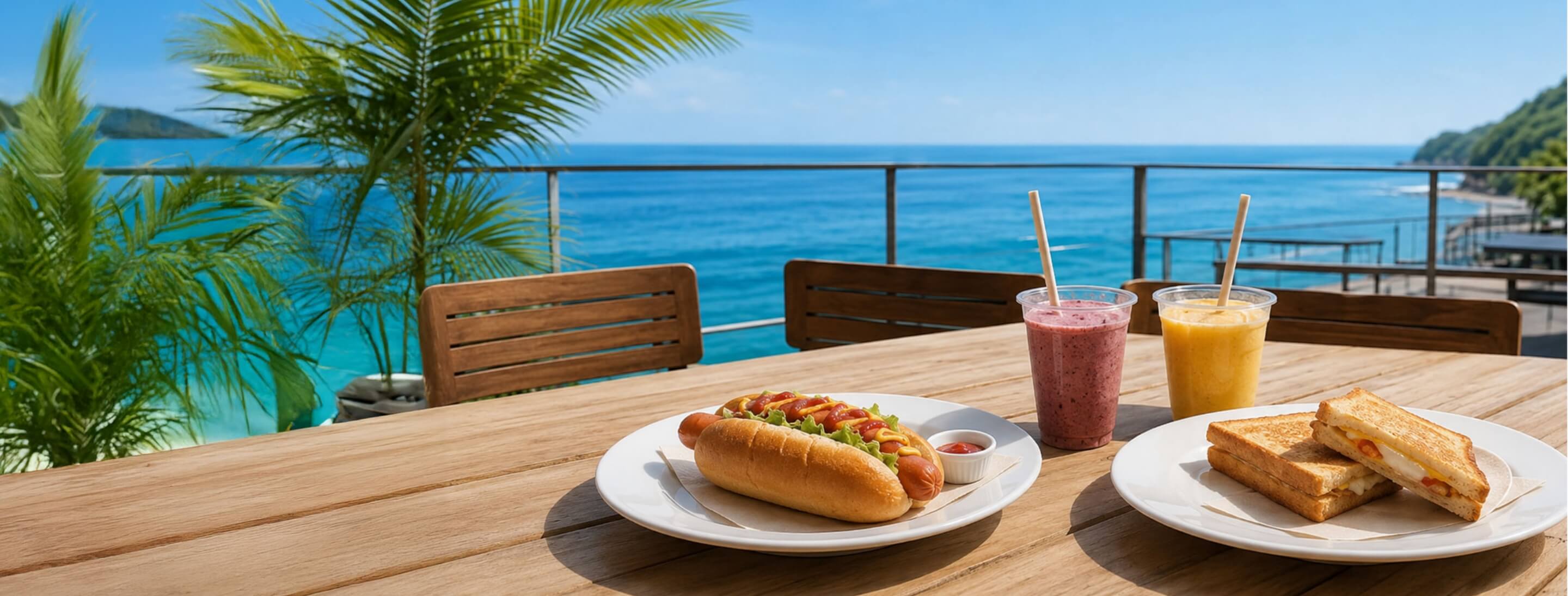 海を望むテラスに並ぶカフェメニュー